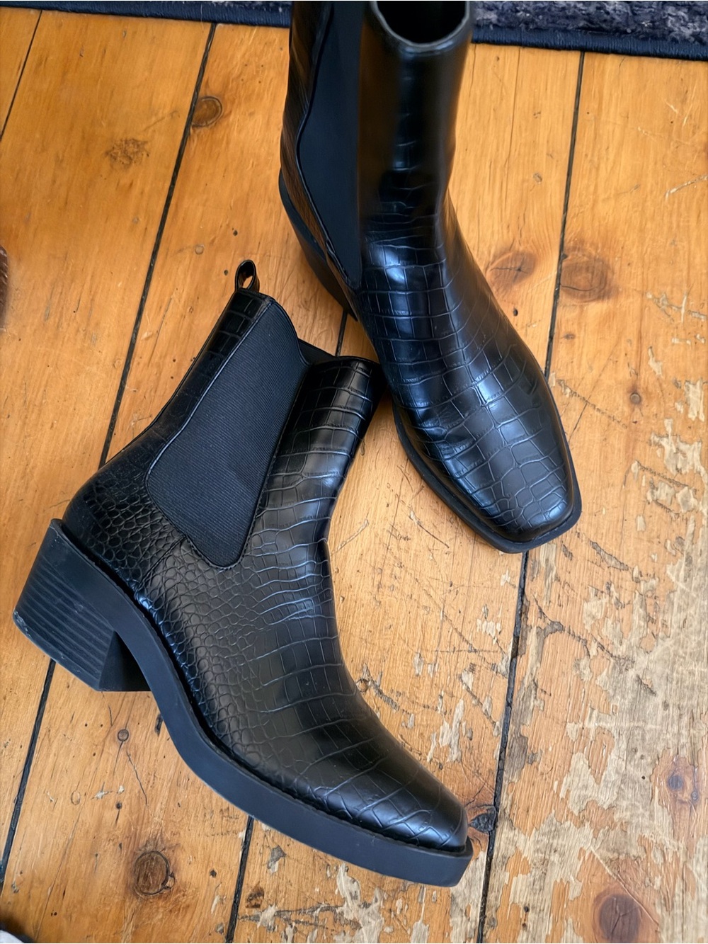 Open Edit Black Croc-Textured Chelsea Boots for Women
